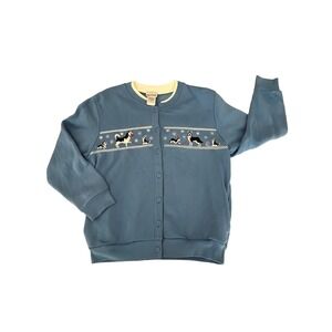 Vintage Bon Worth Husky Dog Fleece Button Up Blue Cardigan Sweater Sz SP